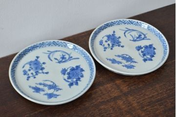 江戸期　古伊万里　四花文染付　六寸皿2枚セット(和食器、中皿)(R-052069)