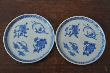 江戸期　古伊万里　四花文染付　六寸皿2枚セット(和食器、中皿)(R-052069)