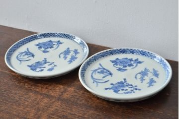 江戸期　古伊万里　四花文染付　六寸皿2枚セット(和食器、中皿)(R-052070)