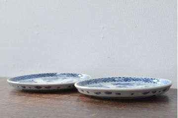 江戸期　古伊万里　四花文染付　六寸皿2枚セット(和食器、中皿)(R-052070)