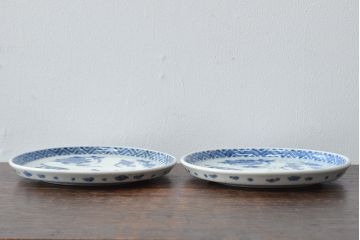 江戸期　古伊万里　四花文染付　六寸皿2枚セット(和食器、中皿)(R-052070)