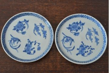 江戸期　古伊万里　四花文染付　六寸皿2枚セット(和食器、中皿)(R-052070)
