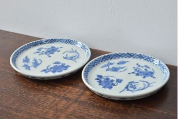 江戸期　古伊万里　四花文染付　六寸皿2枚セット(和食器、中皿)(R-052071)