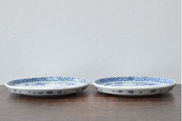 江戸期　古伊万里　四花文染付　六寸皿2枚セット(和食器、中皿)(R-052071)