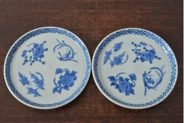 江戸期　古伊万里　四花文染付　六寸皿2枚セット(和食器、中皿)(R-052071)