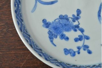 江戸期　古伊万里　四花文染付　六寸皿2枚セット(和食器、中皿)(R-052072)