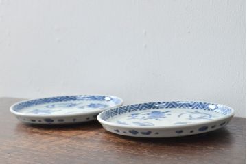 江戸期　古伊万里　四花文染付　六寸皿2枚セット(和食器、中皿)(R-052072)
