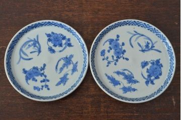 江戸期　古伊万里　四花文染付　六寸皿2枚セット(和食器、中皿)(R-052072)