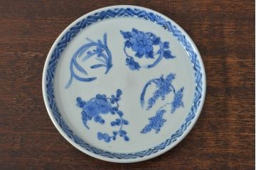 江戸期　古伊万里　四花文染付　六寸皿2枚セット(和食器、中皿)(R-052072)