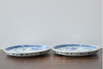 江戸期　古伊万里　四花文染付　六寸皿2枚セット(和食器、中皿)(R-052073)