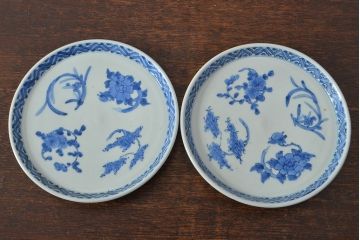 江戸期　古伊万里　四花文染付　六寸皿2枚セット(和食器、中皿)(R-052073)
