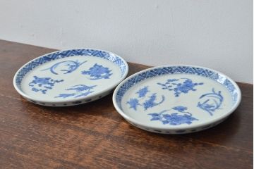 江戸期　古伊万里　四花文染付　六寸皿2枚セット(和食器、中皿)(R-052073)