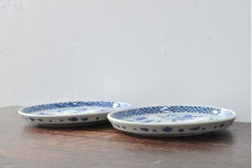 江戸期　古伊万里　四花文染付　六寸皿2枚セット(和食器、中皿)(R-052073)