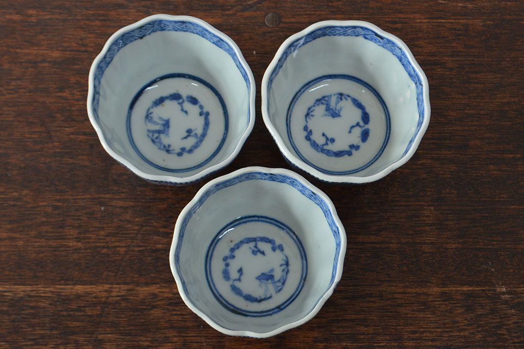 幕末〜明治　伊万里焼　蛸唐草文染付　蕎麦猪口3個セット(和食器)(R-052075)