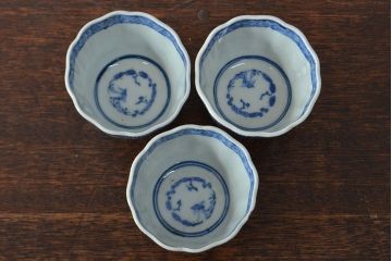 幕末〜明治　伊万里焼　蛸唐草文染付　蕎麦猪口3個セット(和食器)(R-052075)
