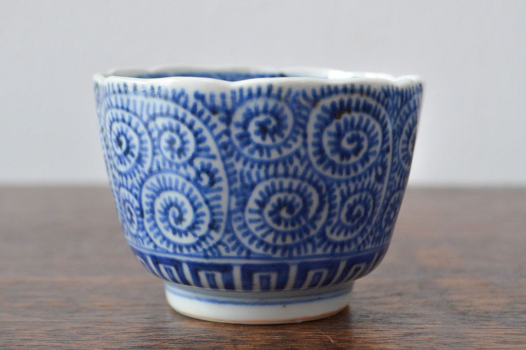 幕末〜明治　伊万里焼　蛸唐草文染付　蕎麦猪口3個セット(和食器)(R-052075)