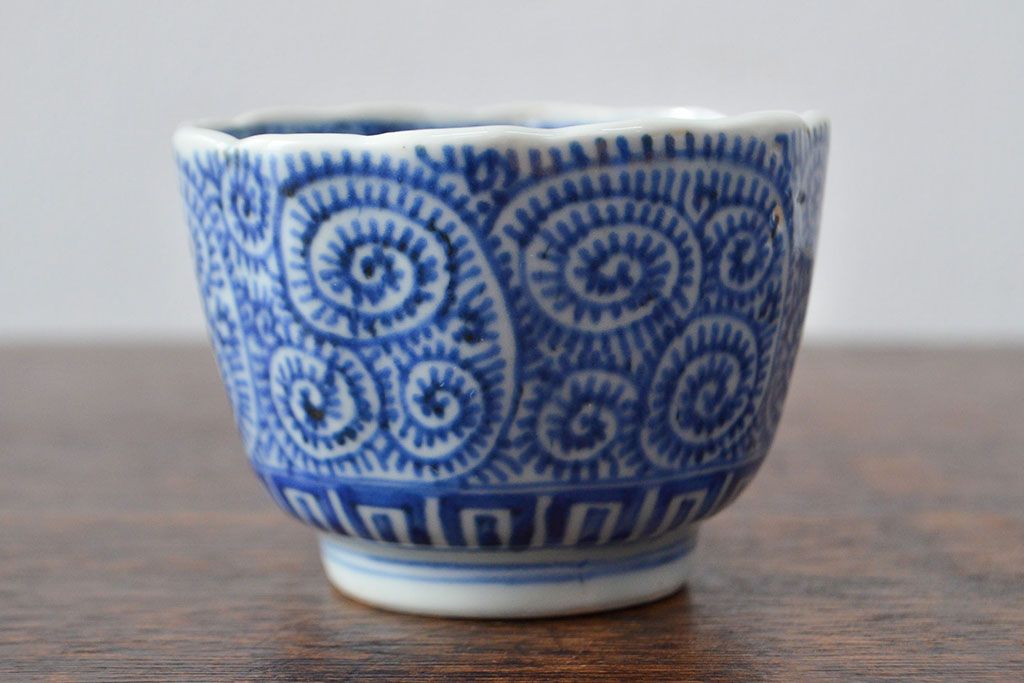 幕末〜明治　伊万里焼　蛸唐草文染付　蕎麦猪口3個セット(和食器)(R-052075)