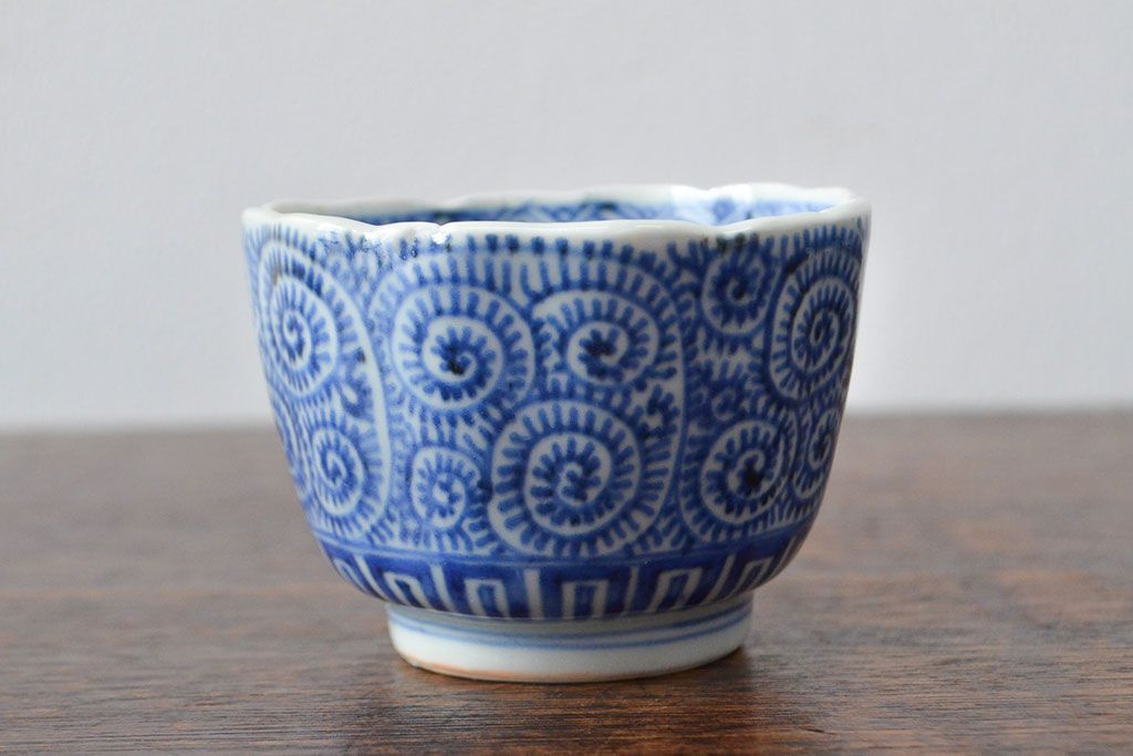 幕末〜明治　伊万里焼　蛸唐草文染付　蕎麦猪口3個セット(和食器)(R-052075)