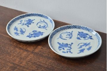 江戸期　古伊万里　四花文染付　六寸皿2枚セット(和食器、中皿)(R-052077)