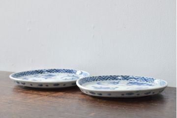 江戸期　古伊万里　四花文染付　六寸皿2枚セット(和食器、中皿)(R-052077)