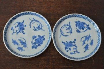 江戸期　古伊万里　四花文染付　六寸皿2枚セット(和食器、中皿)(R-052077)
