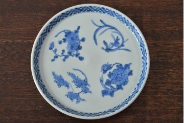 江戸期　古伊万里　四花文染付　六寸皿2枚セット(和食器、中皿)(R-052077)