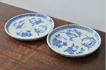 江戸期　古伊万里　四花文染付　六寸皿2枚セット(和食器、中皿)(R-052078)