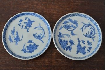 江戸期　古伊万里　四花文染付　六寸皿2枚セット(和食器、中皿)(R-052078)