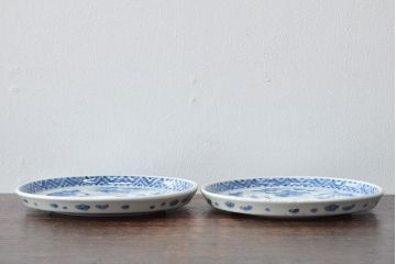 江戸期　古伊万里　四花文染付　六寸皿2枚セット(和食器、中皿)(R-052079)