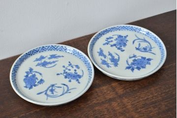 江戸期　古伊万里　四花文染付　六寸皿2枚セット(和食器、中皿)(R-052079)