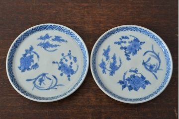 江戸期　古伊万里　四花文染付　六寸皿2枚セット(和食器、中皿)(R-052079)
