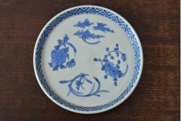 江戸期　古伊万里　四花文染付　六寸皿2枚セット(和食器、中皿)(R-052079)