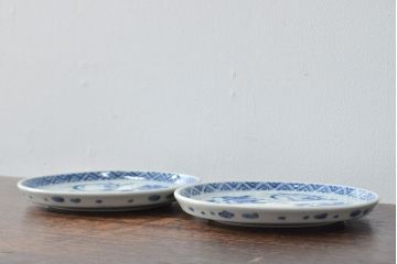 江戸期　古伊万里　四花文染付　六寸皿2枚セット(和食器、中皿)(R-052080)
