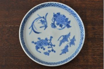 江戸期　古伊万里　四花文染付　六寸皿2枚セット(和食器、中皿)(R-052080)
