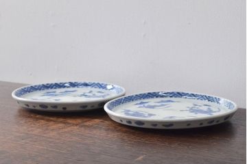 江戸期　古伊万里　四花文染付　六寸皿2枚セット(和食器、中皿)(R-052081)