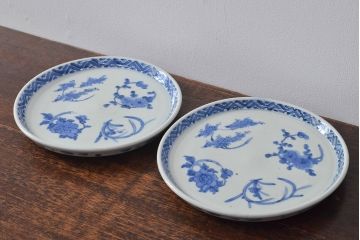 江戸期　古伊万里　四花文染付　六寸皿2枚セット(和食器、中皿)(R-052081)