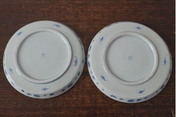 江戸期　古伊万里　四花文染付　六寸皿2枚セット(和食器、中皿)(R-052081)