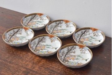明治〜大正　九谷焼　花鳥図　色絵　小皿6枚セット(和食器)(R-052091)