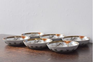 明治〜大正　九谷焼　花鳥図　色絵　小皿6枚セット(和食器)(R-052092)