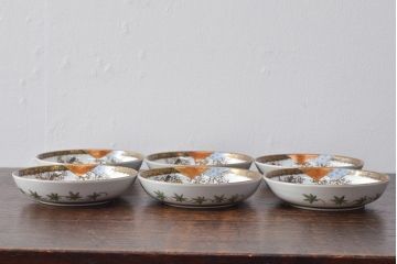 明治〜大正　九谷焼　花鳥図　色絵　小皿6枚セット(和食器)(R-052093)