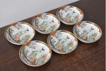 明治〜大正　九谷焼　花鳥図　色絵　小皿6枚セット(和食器)(R-052093)