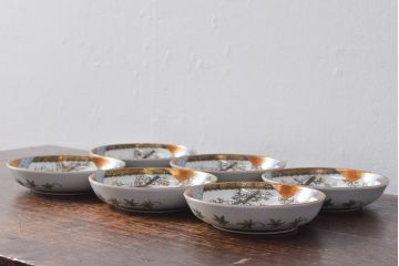 明治〜大正　九谷焼　花鳥図　色絵　小皿6枚セット(和食器)(R-052093)