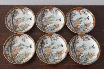 明治〜大正　九谷焼　花鳥図　色絵　小皿6枚セット(和食器)(R-052093)