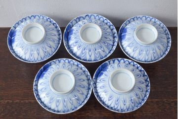 大正〜昭和初期　花文染付　蓋茶碗5客セット(和食器)(R-052123)