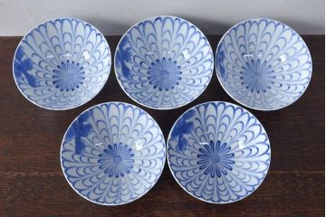 大正〜昭和初期　花文染付　蓋茶碗5客セット(和食器)(R-052123)
