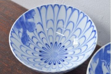大正〜昭和初期　花文染付　蓋茶碗5客セット(和食器)(R-052123)