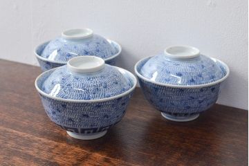 江戸期　古伊万里　染付微塵唐草　蓋茶碗3客セット(和食器)(R-052124)