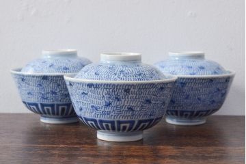 江戸期　古伊万里　染付微塵唐草　蓋茶碗3客セット(和食器)(R-052124)