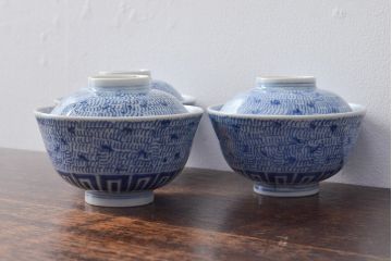 江戸期　古伊万里　染付微塵唐草　蓋茶碗3客セット(和食器)(R-052124)