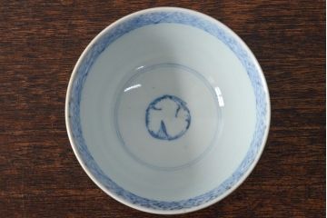 江戸期　古伊万里　染付微塵唐草　蓋茶碗3客セット(和食器)(R-052124)